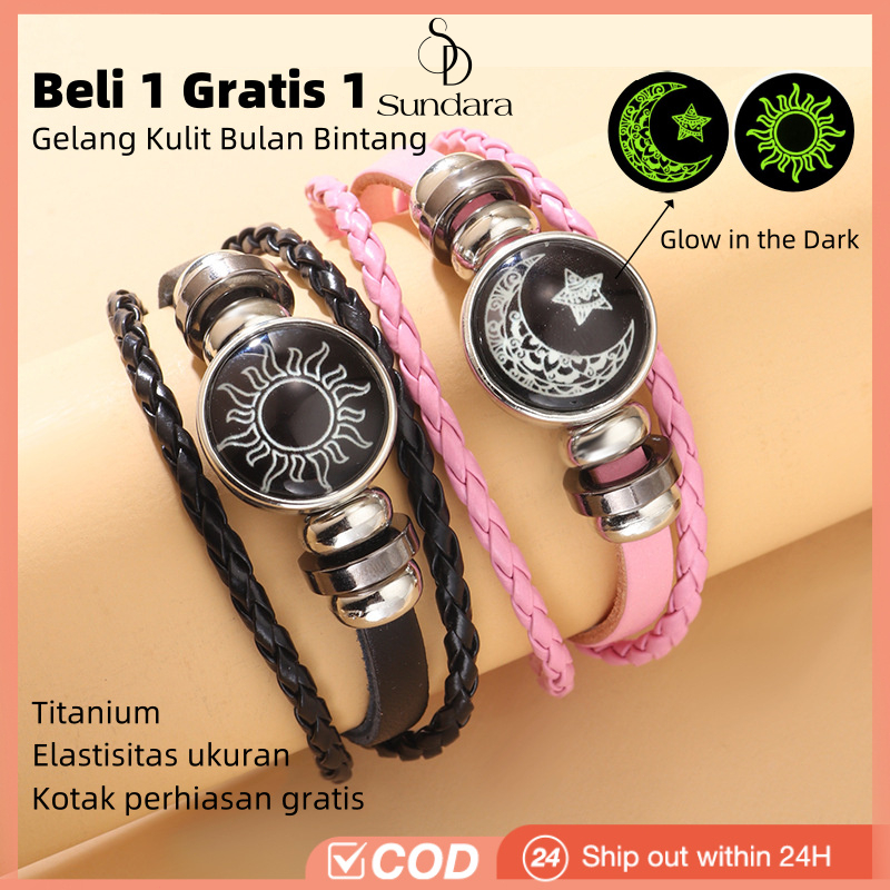 Gelang Couple Pasangan Bestie 2 Kulit Bulan Bintang Glow In The Dark Tali Pria Hitam Titanium Gelang