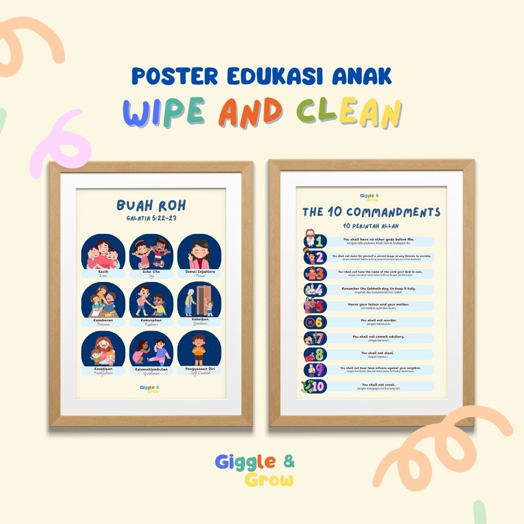 Poster Edukasi Anak Wipe and Clean Seri Kristen atau Katolik | Desain Estetik & Unik | Buah Roh | 10