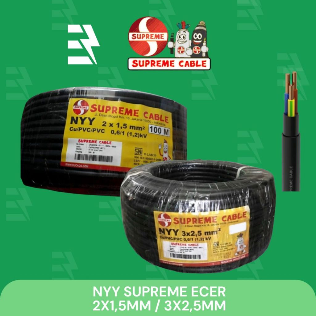 NYY SUPREME KABEL ENGKEL ISI 3 KULIT HITAM ukuran 2x1,5mm dan 3x2,5mm ECER (per satu meter)