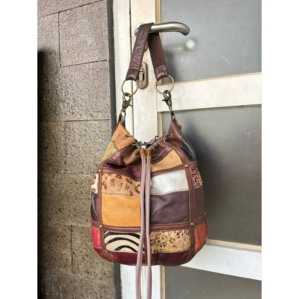 tas vintage y2k skena leopard patchwork kulit asli mantul shoulder bag bucket serut