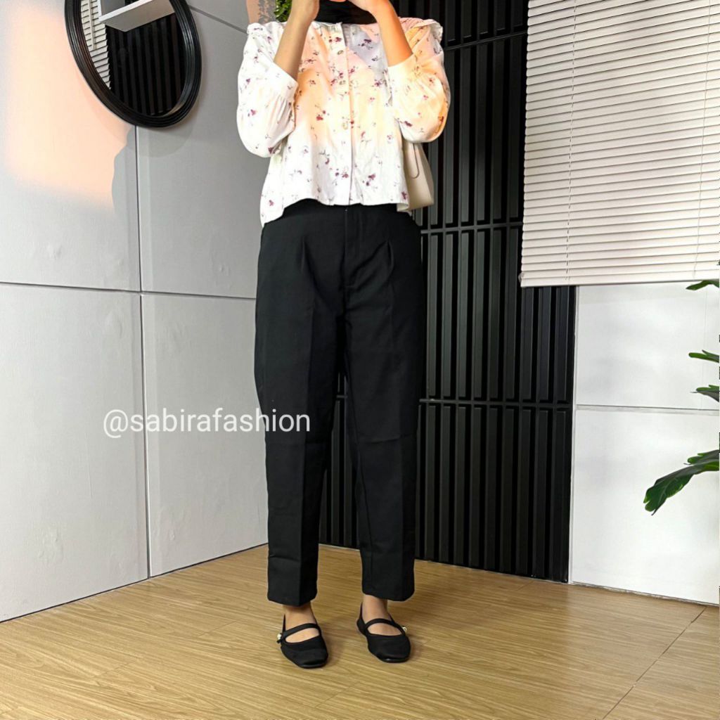 Celana Bahan Drill Kerja Kantor Wanita Hitam Jumbo Pinggang Karet Baggy Pants Sabirafashion