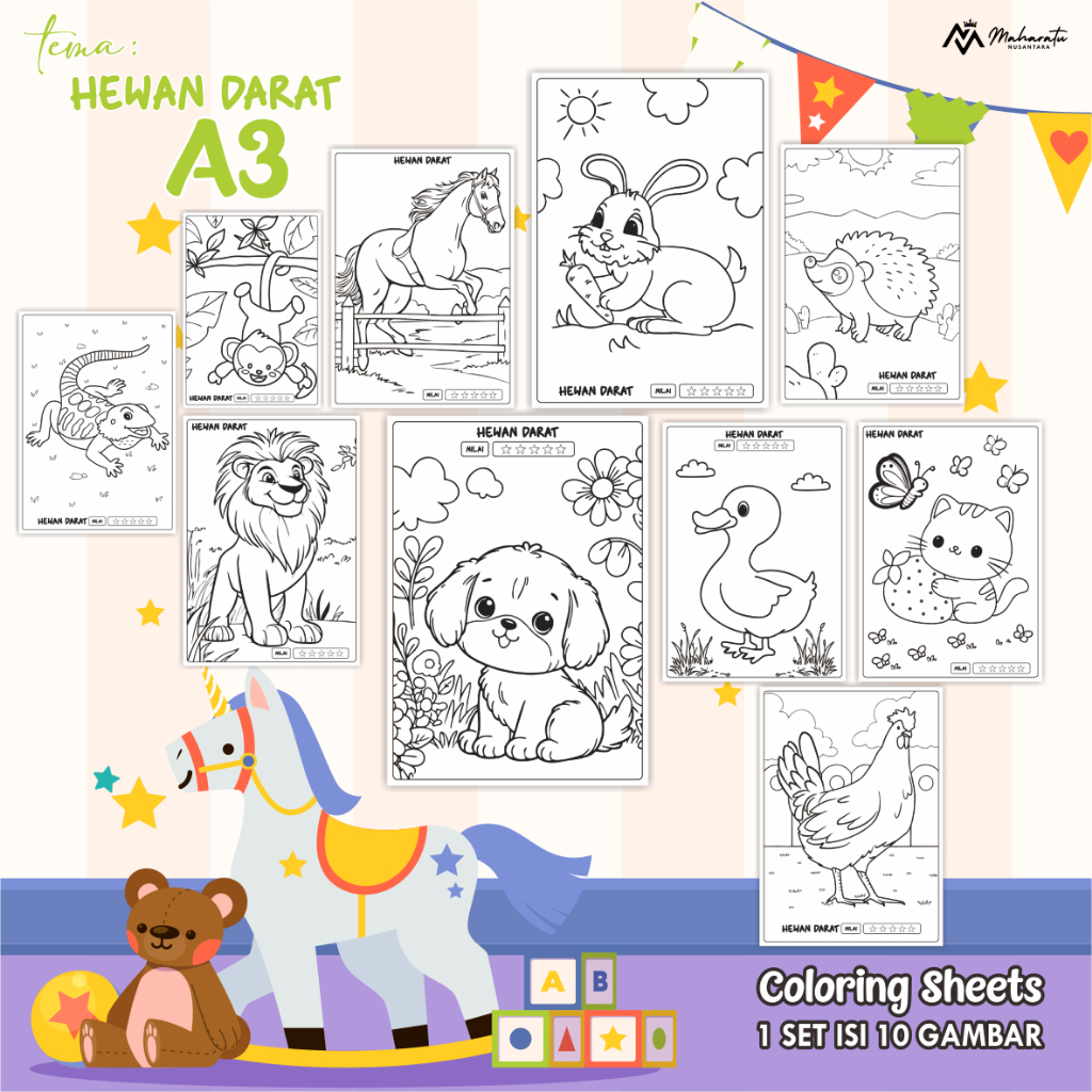 

[A3] KERTAS MEWARNAI UNTUK ANAK - LEMBAR GAMBAR TEMA HEWAN DARAT - COLORING SHEETS