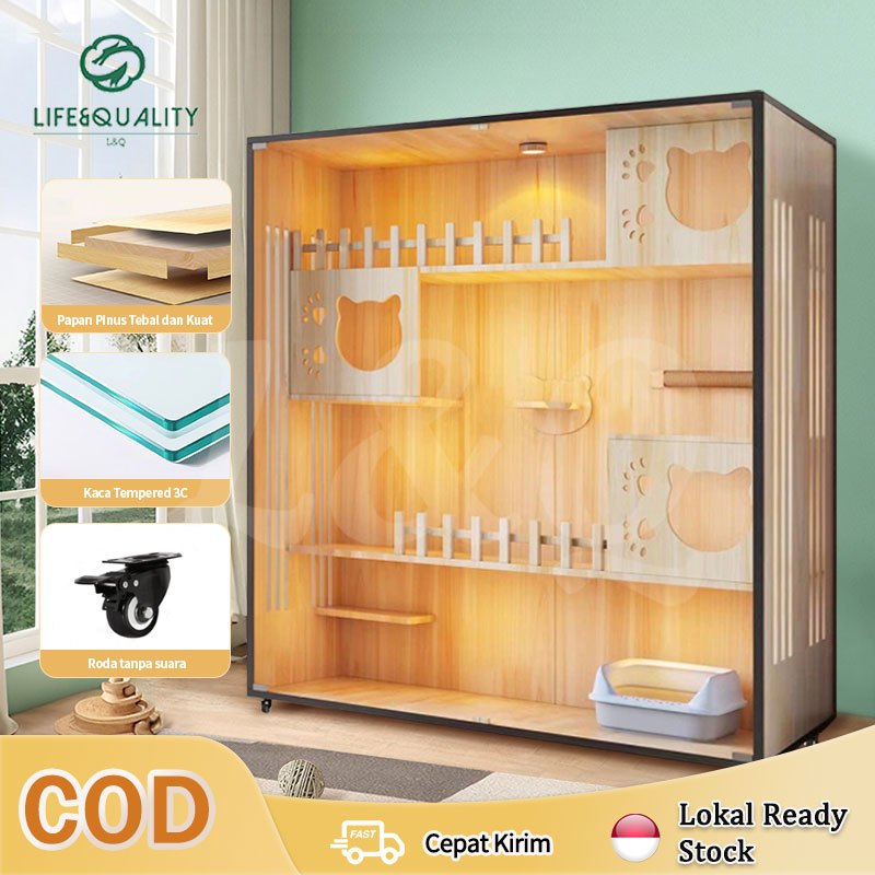 PROMO L&Q Rumah Kucing/ Kandang Kucing Kayu Asli Kaca Aman 360 Derajat Tahan Air dan Lembab Kandang
