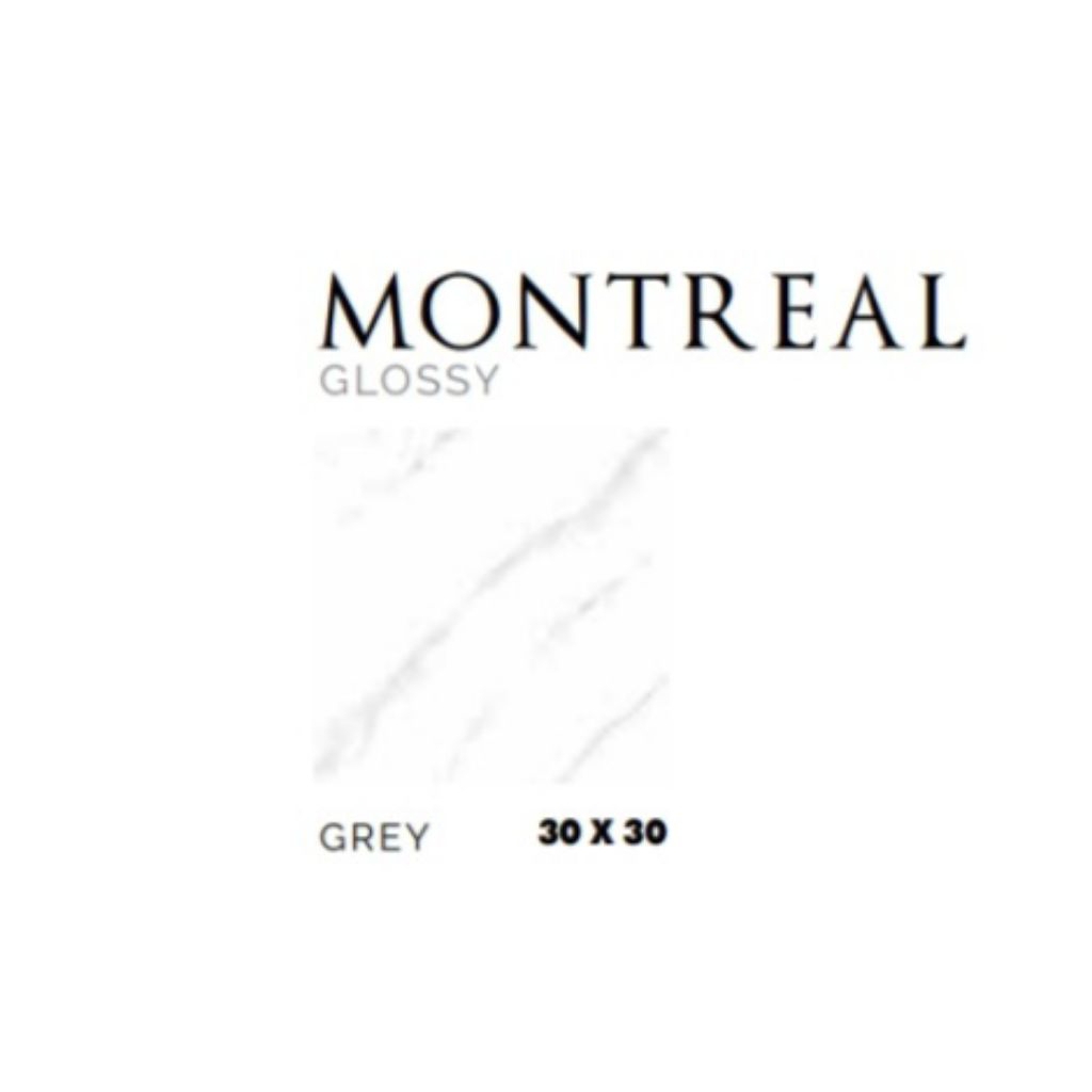 KERAMIK MERK ASIA TILE TIPE MONTREAL GREY UKIRAN 30X30 WARNA LATAR PUTIH MOTIF CORAK MARBLE ABU PERM