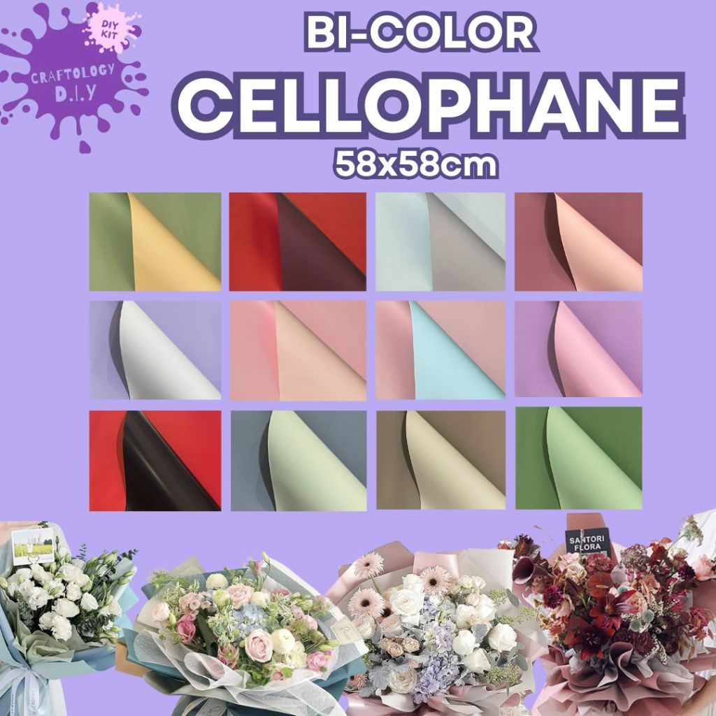 

[20 LEMBAR] Bi Color Full Color Cellophane Two Color Solid Dua Warna Flower Wrap ukuran 58 X 58cm Bicolor Kertas Bunga Wrapping Paper Waterproof SOLID Kertas Bunga Buket Bunga Florist Cellophane / Kertas Cellophane Buket