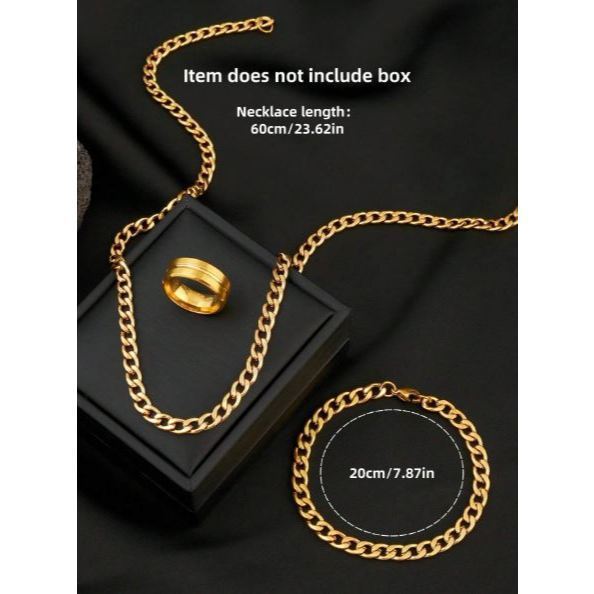 Kalung Set Titanium Pria Gratis Cincin Kotak Warna Emas Anti karat Motif Rantai Kilat