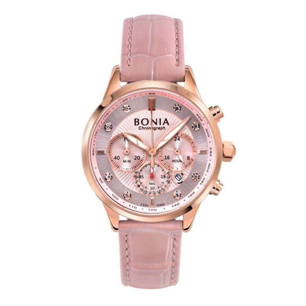 BONIA BNB10802-2577C Jam Tangan Wanita Analog Chronograph Kulit Pink