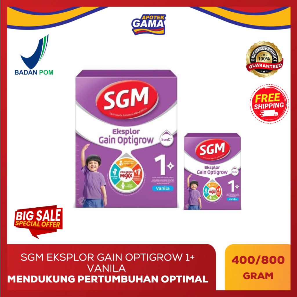 

Susu SGM Eksplor Gain Optigrow 1+ Rasa Vanila 400gr/800gr – Nutrisi Anak Usia 1-3 Tahun | Apotek Gama