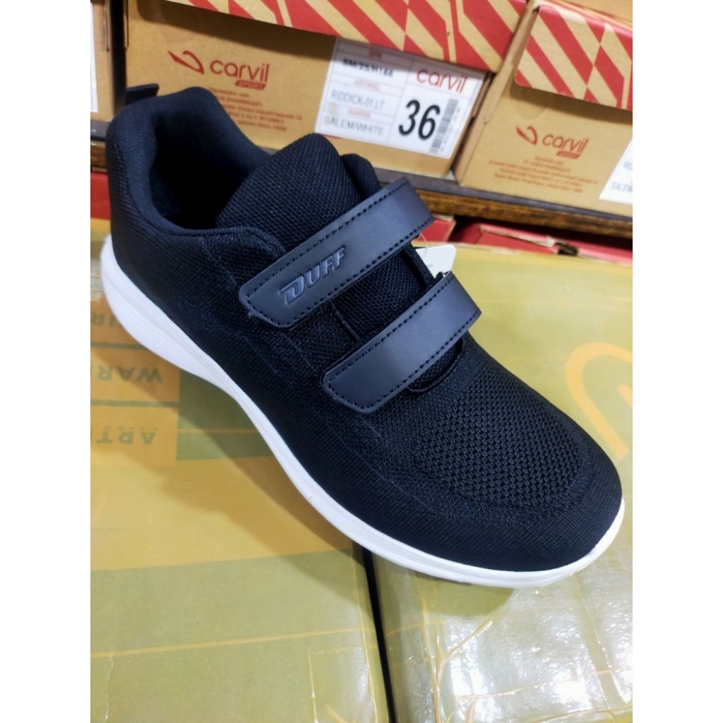 Sepatu sekolah perekat besar merk Duff hitam putih original