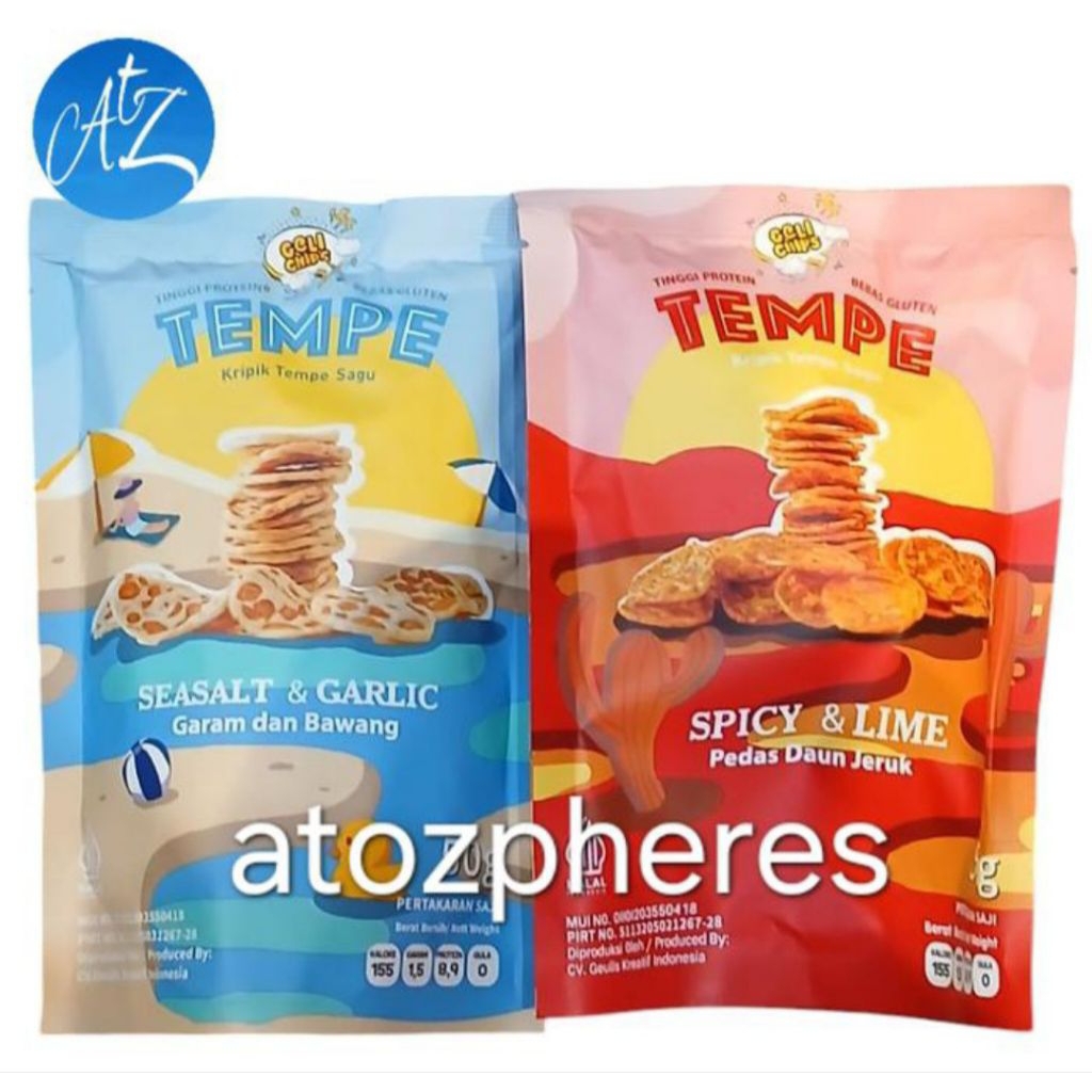 

Cemilan snek makanan ringan TINGGI PROTEIN BEBAS GLUTEN FREE keripik kripik tempeh sagu Rasa Pedas Daun Jeruk Garam dan Bawang halal MUI GELI CHIPS Chip TEMPE SPICY & LIME SEASALT & GARLIC flavor flavour 50g