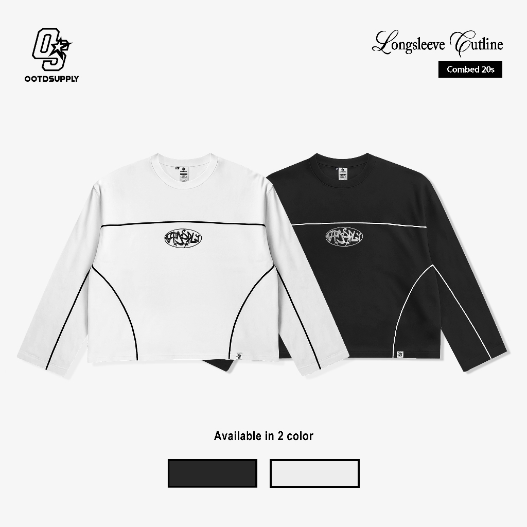 OOTDSUPPLY Longsleeve Boxy Cutline Circle Embroidery Black & White l Tshirt Boxyfit Panjang Unisex |