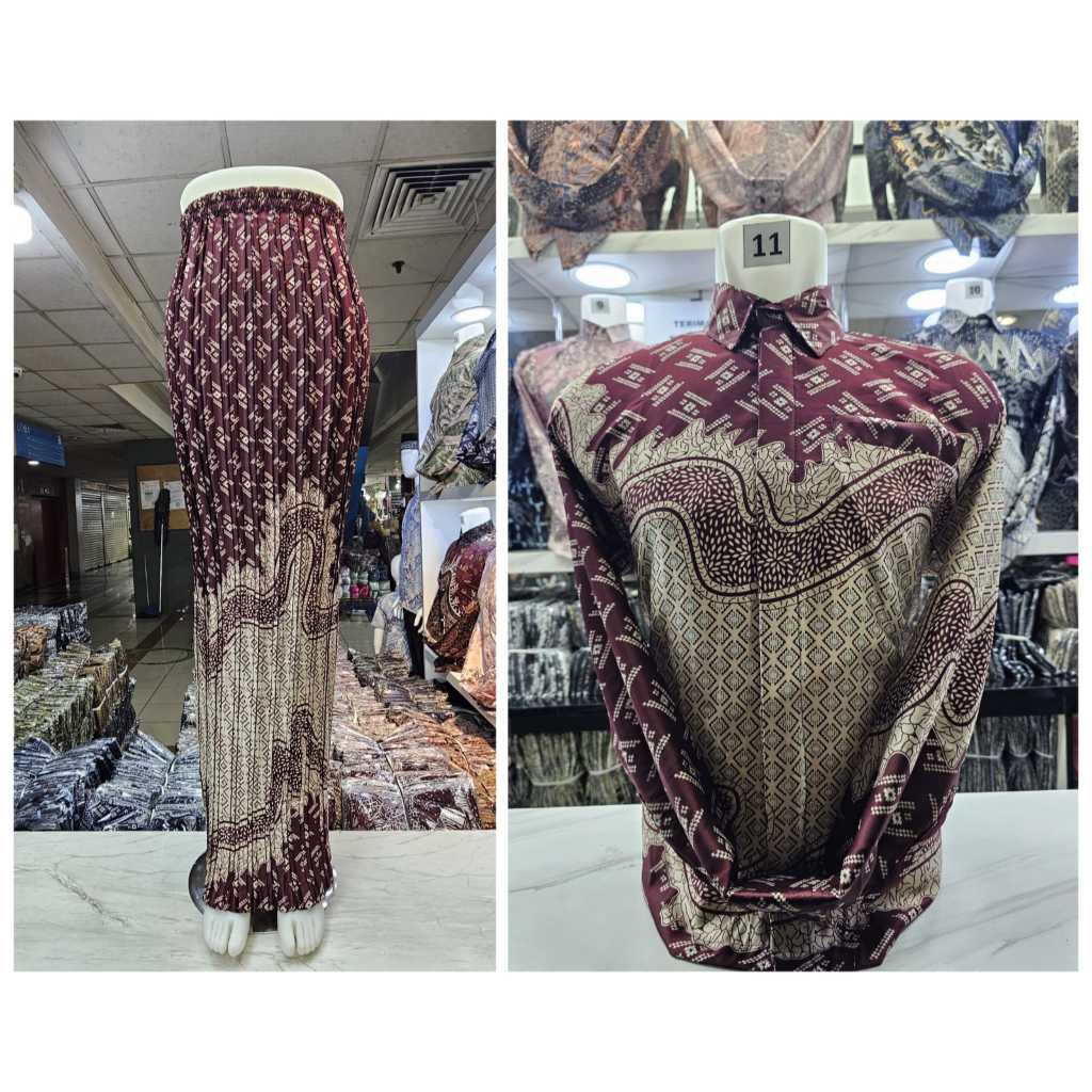 NEW Terlaris Kemeja Batik Couple Rok Prisket Motif Aurora Maroon