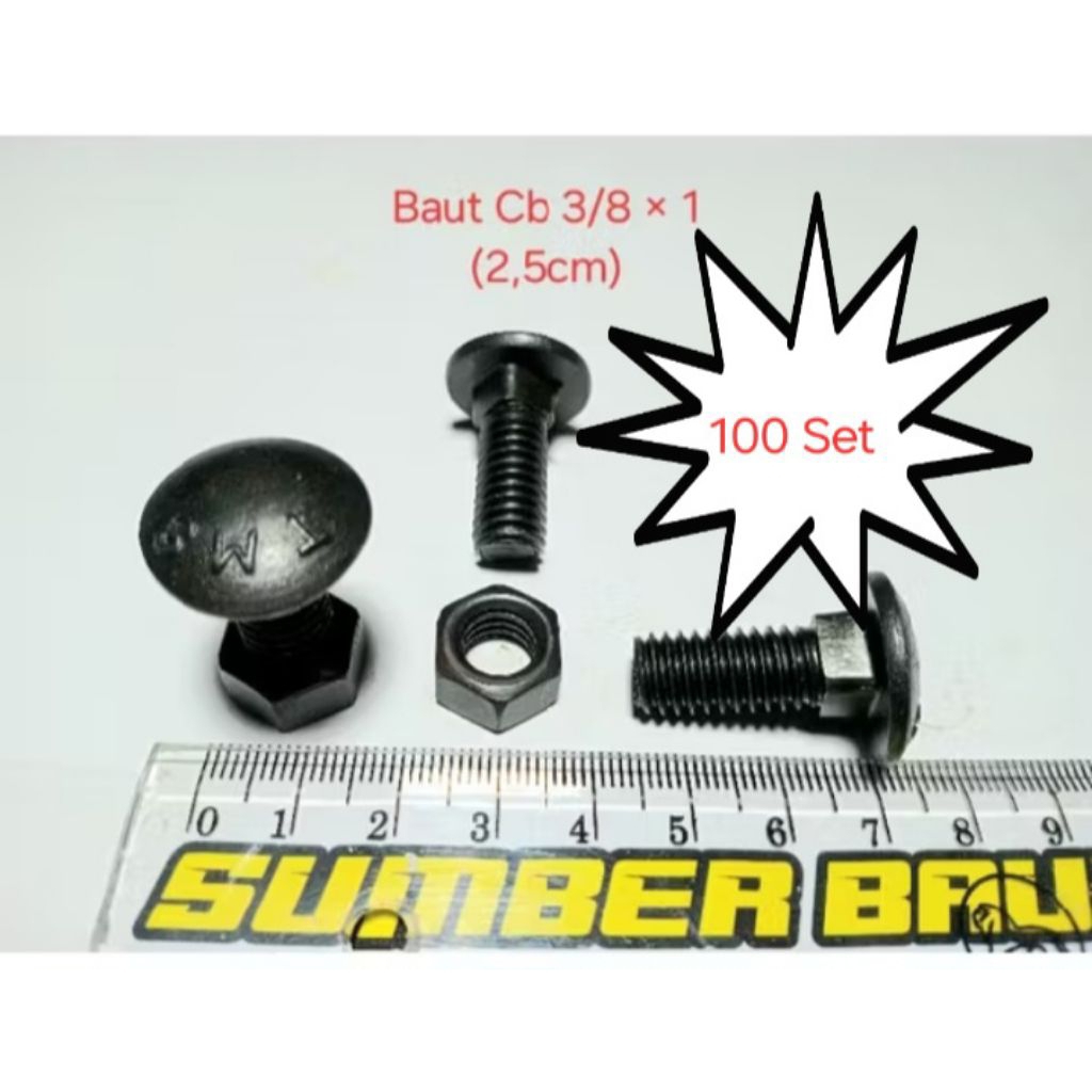 100 SET Baut Cb 3/8 2,5cm kunci 14 / pagar / payung / bak truk / bumper mobil / carried bolt