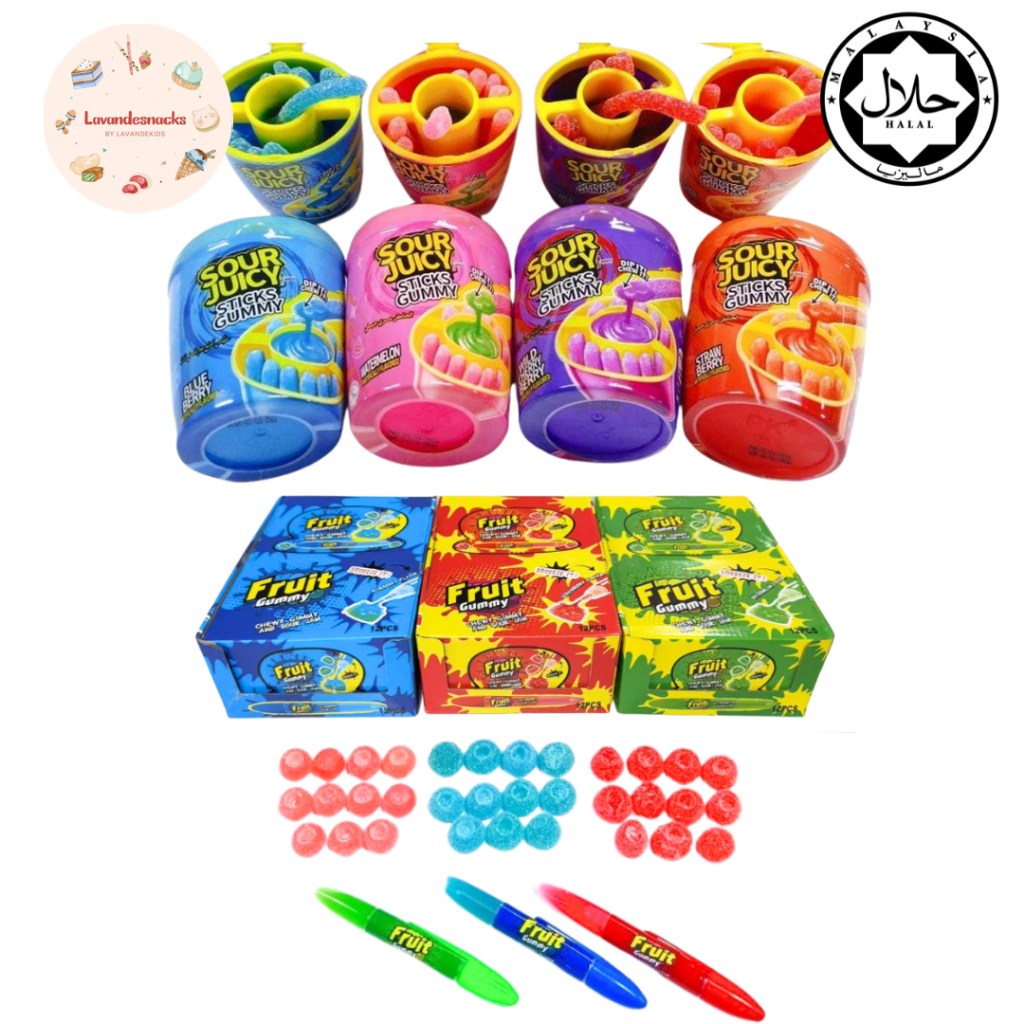 

Permen Buah Fruit Gummy Chewy Sour Jam Squeeze & Sticks W/ Sour Dipping Gel