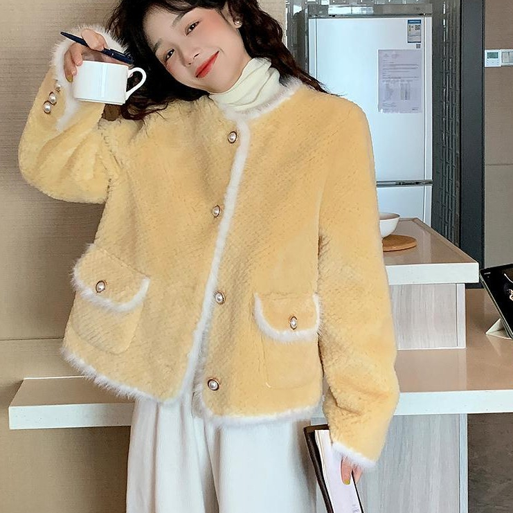 Wanita gaya Korea baru fashion semua cocok bulu mewah leher bulat jaket pendek / atasan