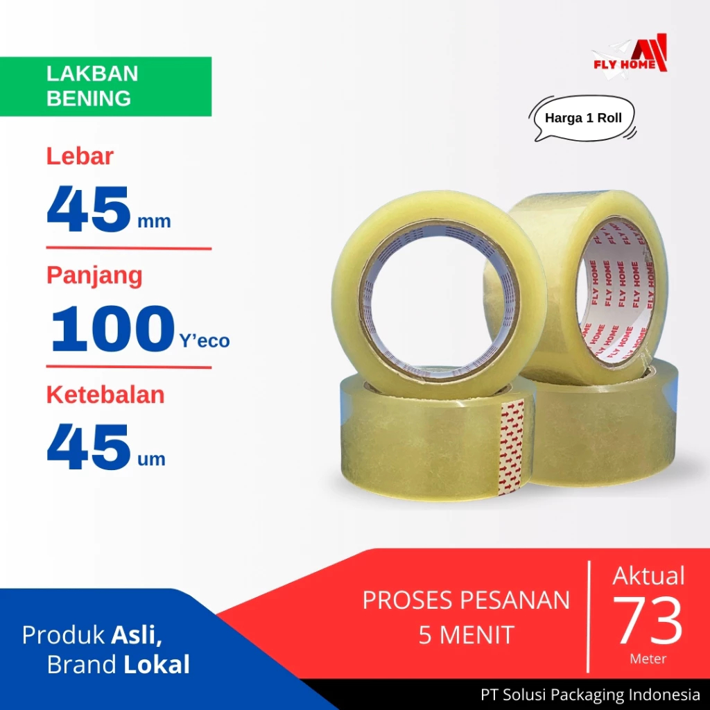 

3 Pcs Lakban Bening Ukuran Panjang 45 mm Panjang 100 Yard Kualitas terbaik merk FLYHOME