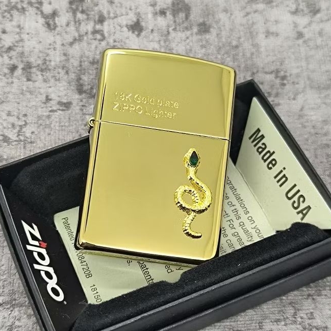 Zippo Gold Plate 18K Emerald Snake Emblem Original