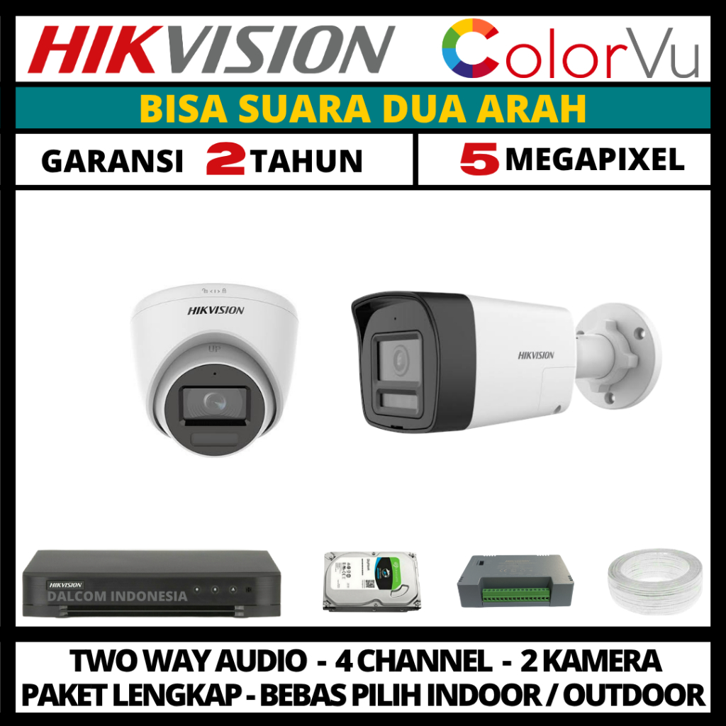Paket cctv hikvision colorvu 5mp 4 channel 2 kamera two way audio paket cctv lengkap