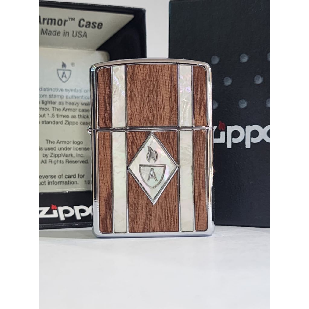 Original Zippo Armor Wood and Shell Armor High Polish Chrome Japan Finish