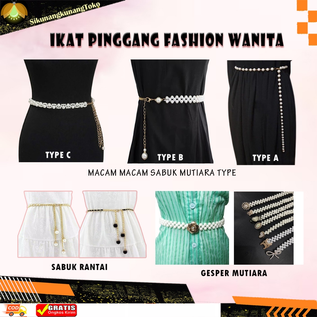 (SKN) Gesper Belt Ikat Pinggang Wanita Model Rantai Mutiara Karet dan Non Karet Sabuk Manik Elastis 