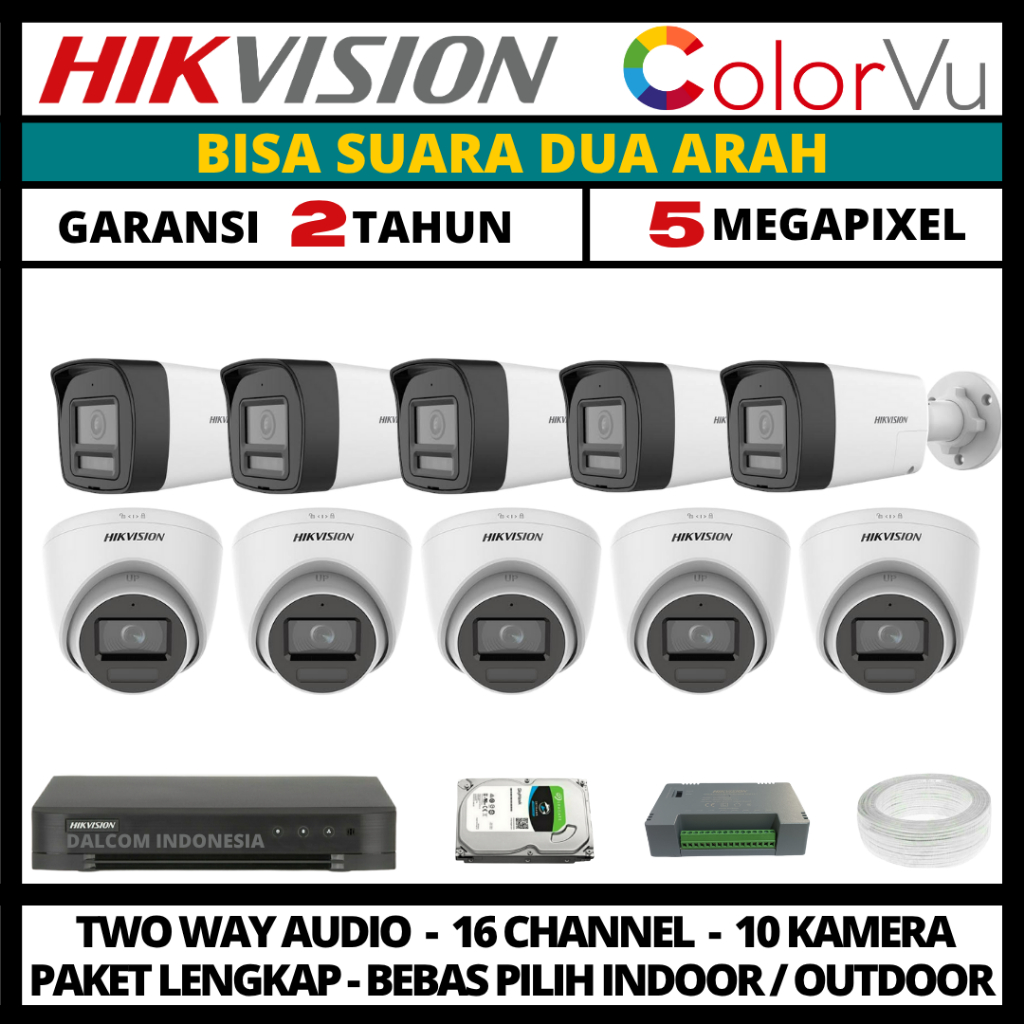 Paket cctv hikvision colorvu 5mp 16 channel 10 kamera two way audio paket cctv lengkap