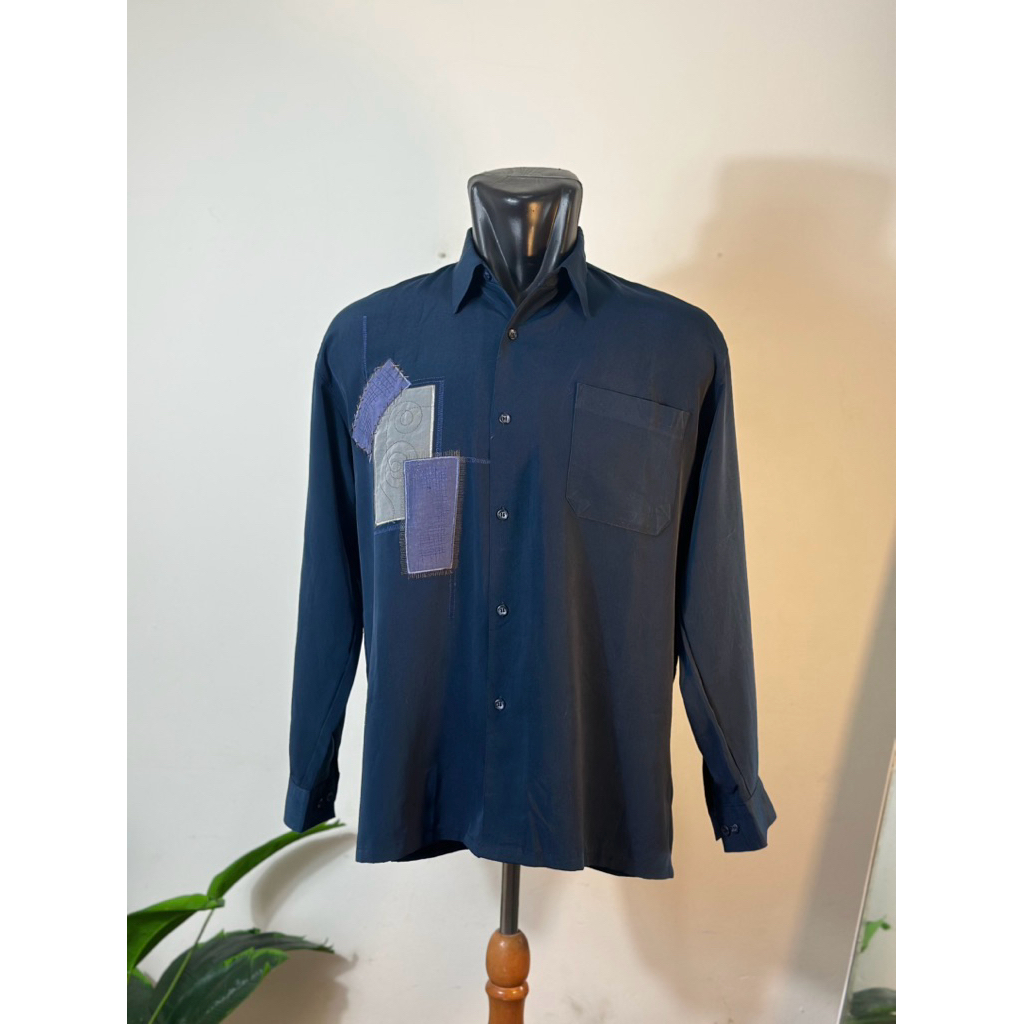 Kemeja oversize pria korea warna navy lengan panjang