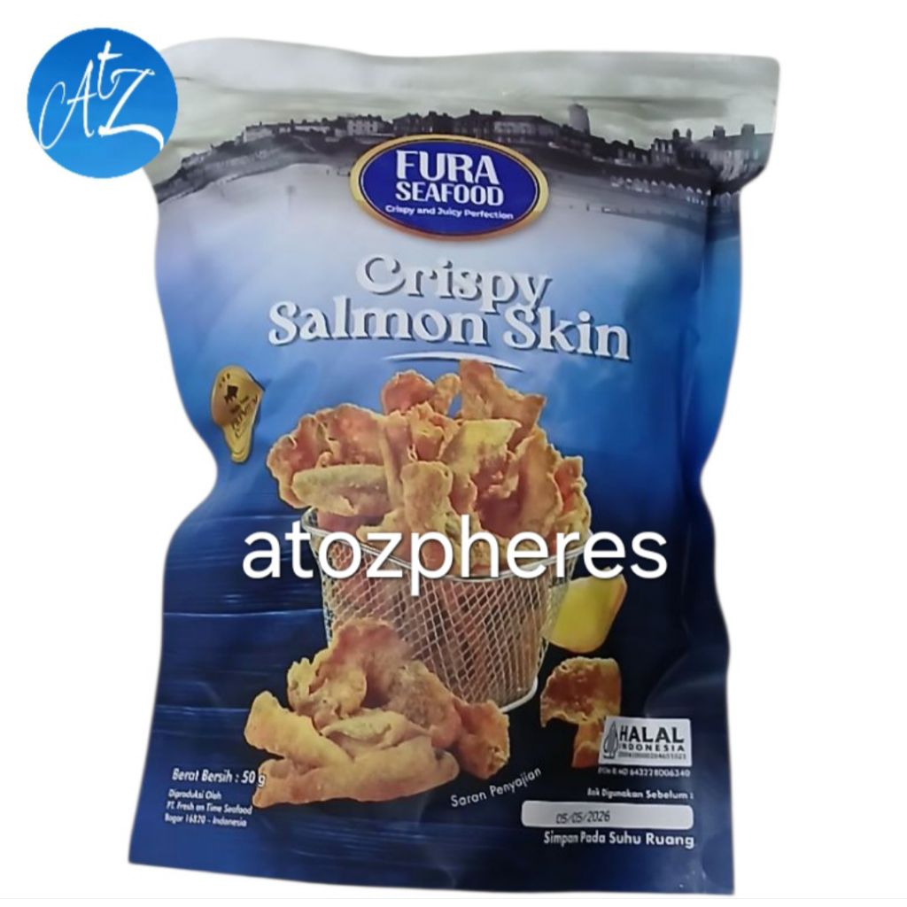 

Cemilan snek makanan ringan keripik kripik kulit ikan renyah garing halal MUI FURA SEAFOOD CRISPY SALMON SKIN 50g