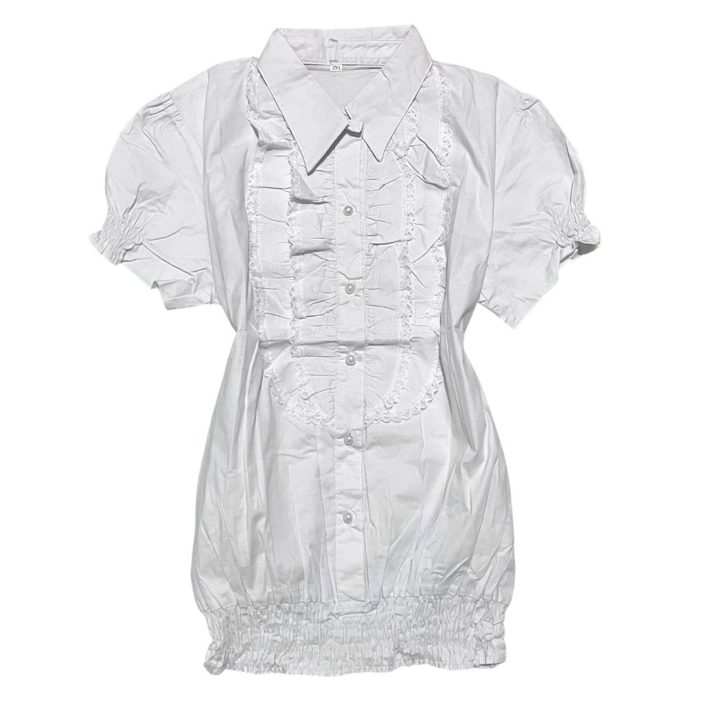 Lace Ruffle Milkmaid Puffy Buttoned Up Smocked Babydoll Top | blus blouse putih white rampel renda b