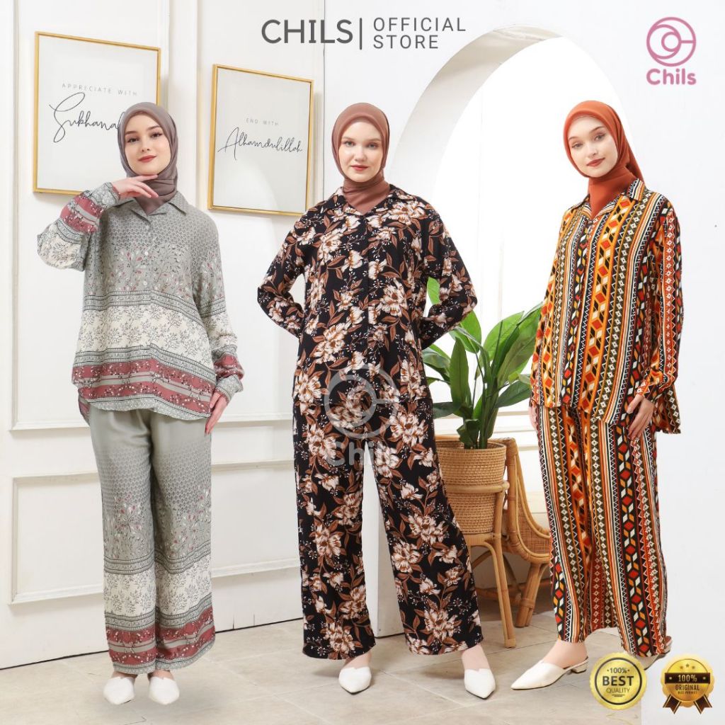 Chils One Set Kemeja Celana Kulot Pajamas Baju Tidur Piyama Satu Set Wanita Kekinian