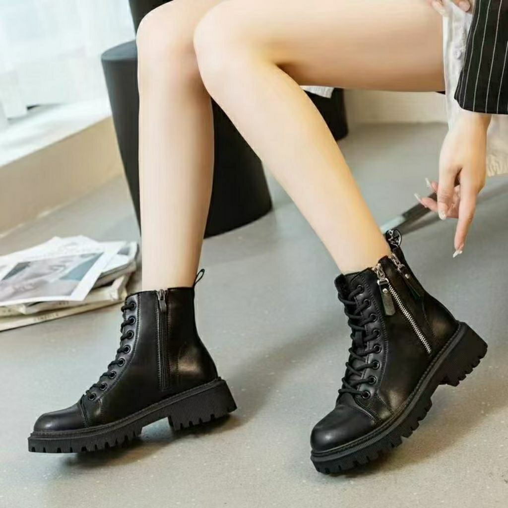 IMPORTIR SEPATU Docmarts Fashion Vintage Kulit Zipper Flat Boot Wanita