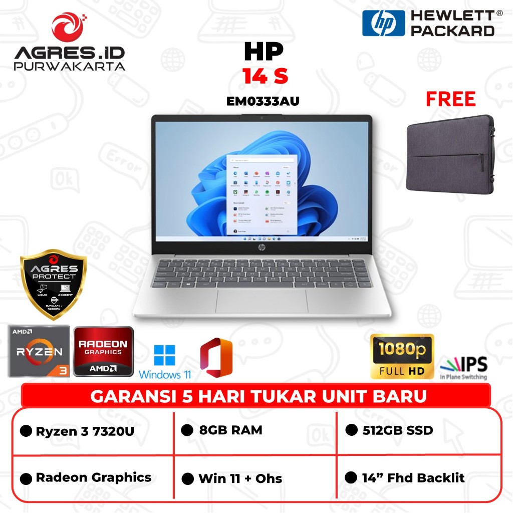 Hp 14 Ryzen 3 7320 Ram 8GB Ssd 512GB Win 11+Ohs 2021 14" Fhd Ips Backlit