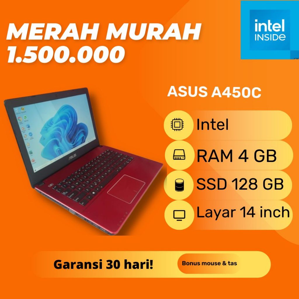 Laptop Asus A450C Warna Merah Red Intel Celeron 1007U RAM 4GB SSD 128GB Windows 10 Second Bekas