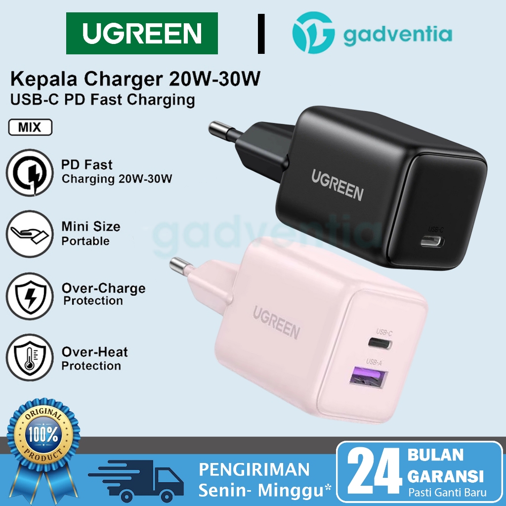 UGREEN Kepala Charger iPhone 15, 15 Pro, 15 Plus, 15 Pro Max PD Adaptor Fast Charging 20W 25W 30W