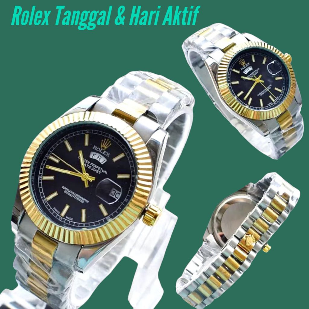 Jam Rolex Pria & Wanita  (rantai stainless steel & pengait chrome mas 18karat