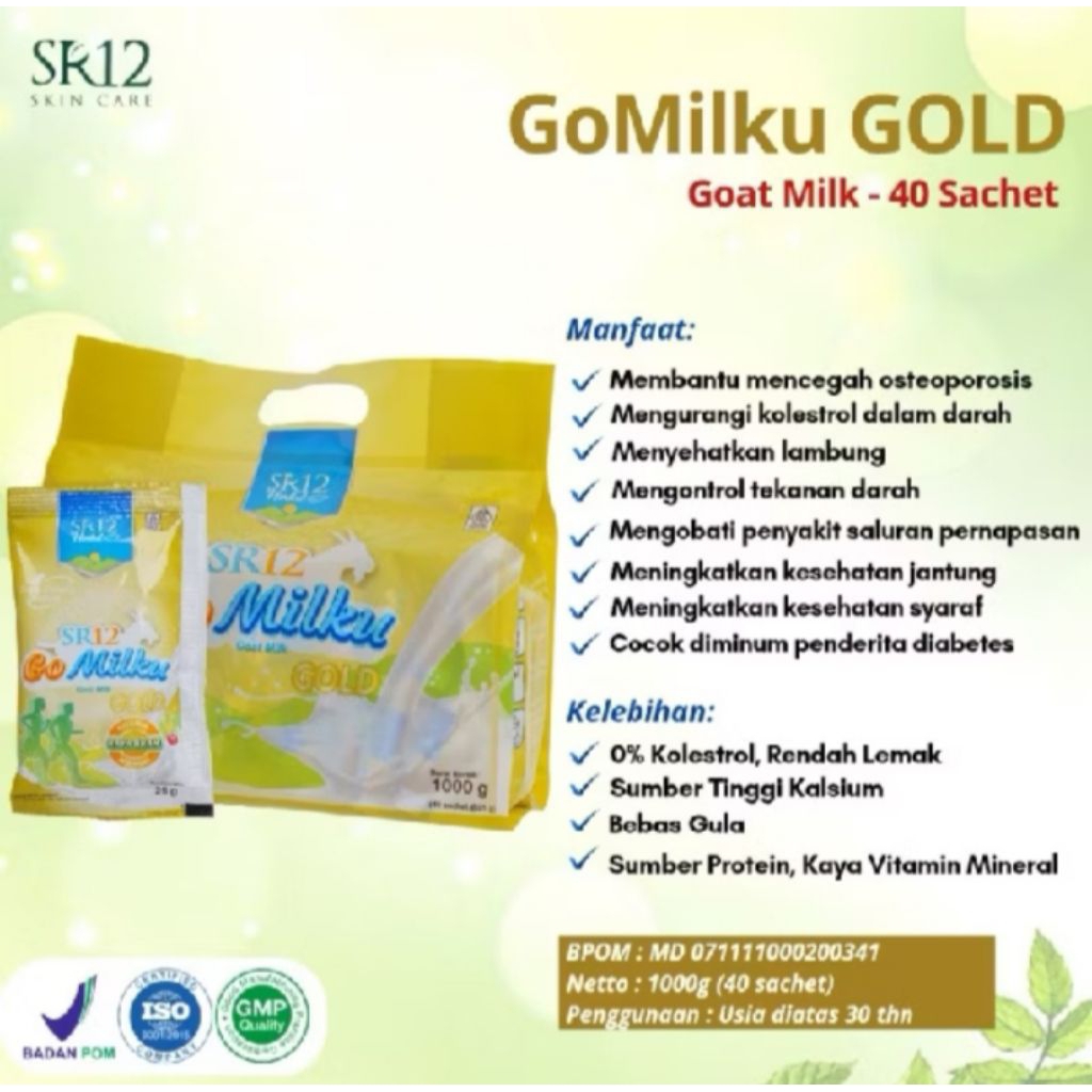 

Gomilku gold SR12 kemasan sachet susu tinggi kalsium untuk tulang dan sendi susu kambing premium non gula non kolesterol