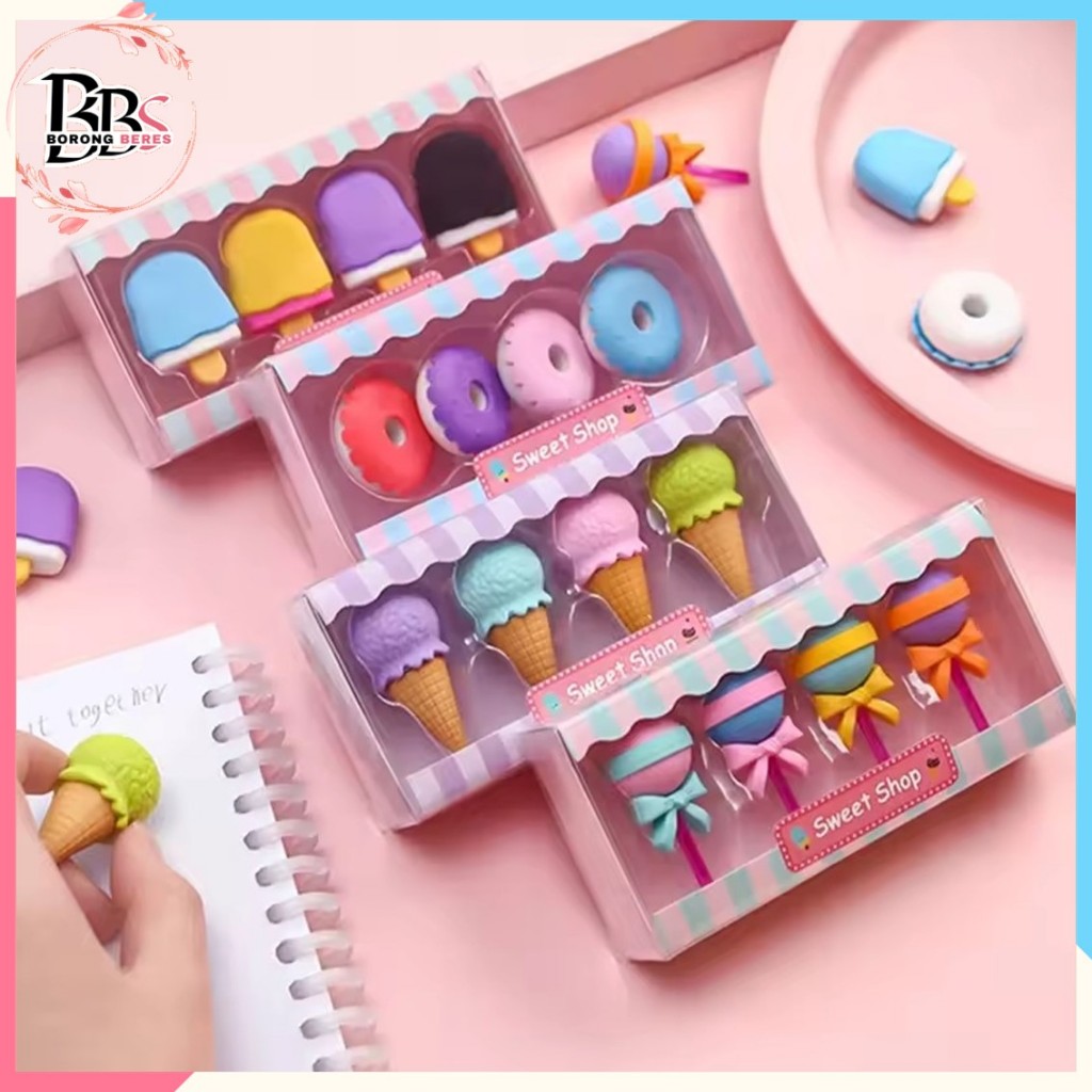 

BORES penghapus 4 pcs/set penghapus lucu bentuk es krim penghapus lolipop donat penghapus pensil karakter sweet pengahapus anak sekolah karakter penghapus lucu