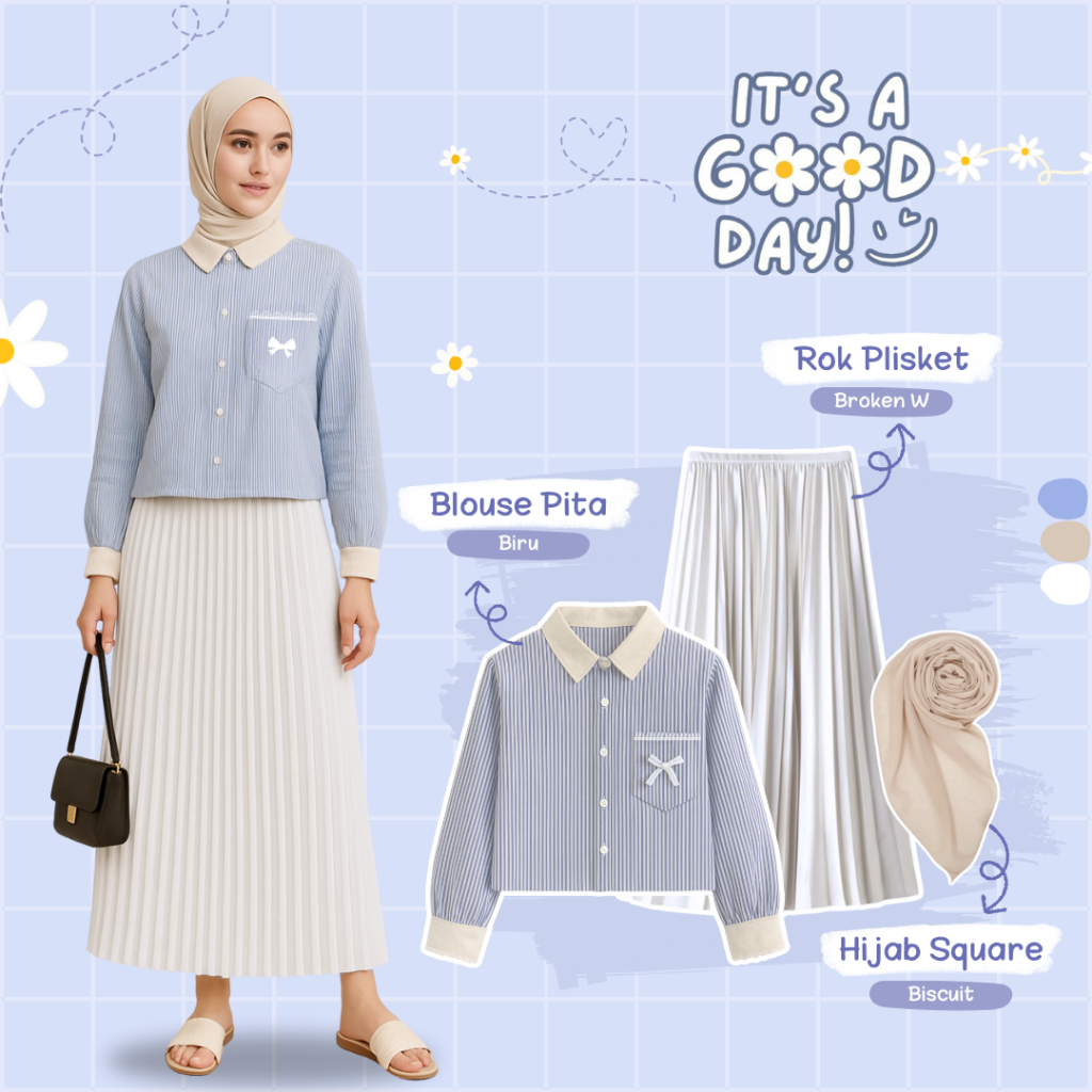 One Set Wanita Korean Style ( Kemeja Pita, Rok Plisket, Jilbab Segiempat ) Ootd Hijab Casual - LN160