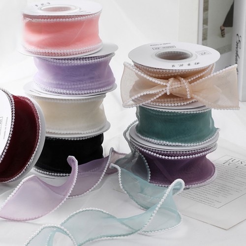 

[Meteran] Pita Organza Fishtail Pinggiran Mutiara - Korean Ribbon Pearl Edge - Pita Chiffon Gelombang Lace Beads Organdi Wavy Bergelombang Lebar 4 cm Flower Bouquet Buket Bunga Dekorasi Hiasan Kado Hampers Gift Craft Kerajinan Baju