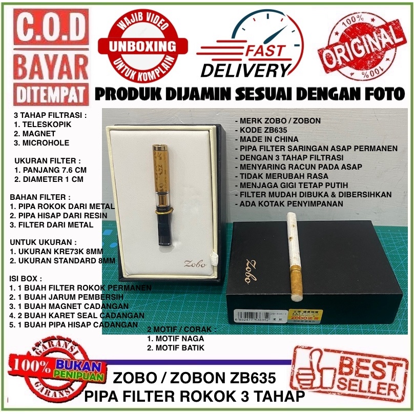 C.O.D Zobo ZB635 Pipe Holder Pipa Saringan Asap Permanen Triple Filter Motif Batik / Naga Untuk 8mm