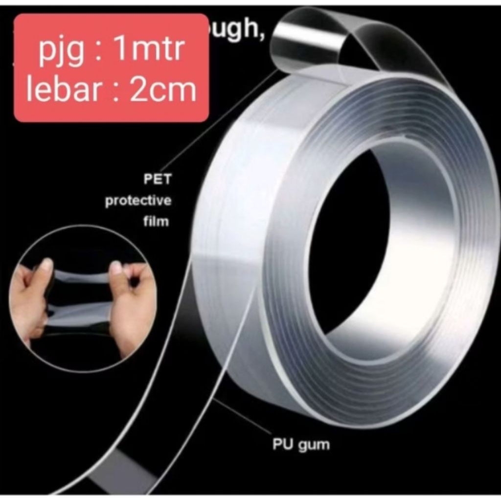 double tape nano bening 1 meter lebar 2cm lakban nano bening 2 sisi lakban bening 1 meter double tap