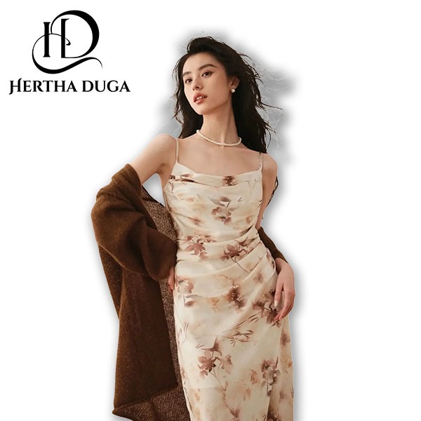 Hertha Duga summer beige floral dress panjang baju long dress korean style pantai press body bali wa