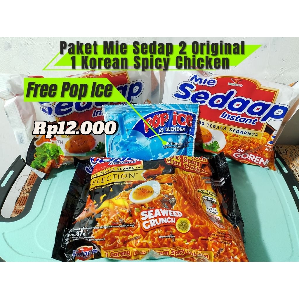 

MIE SEDAP paket lumayan 3 mie + gratis 1 saset pop ice