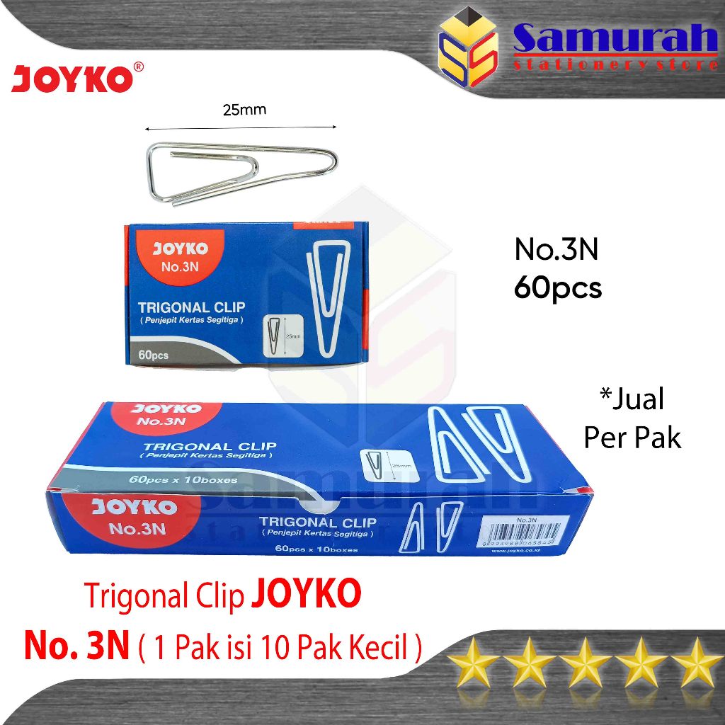 

Trigonal Paper Clips No 3 Joyko Per Box isi 10 pak @ 60 pcs / Clip Penjepit Segitiga No.3 / Klip Jepit Kertas Berkas