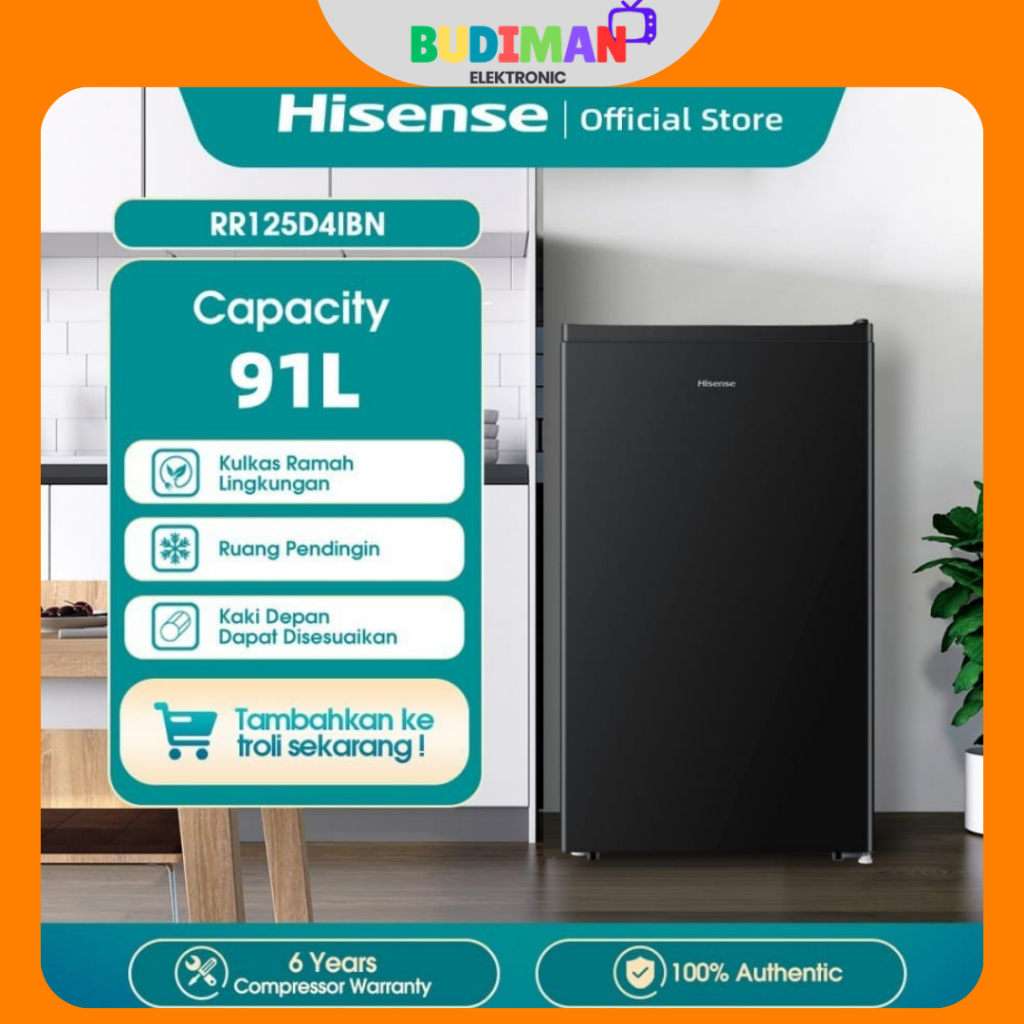 Kulkas 1 Pintu HISENSE RR125D41BN Kapasitas 91 Liter Semi defrost Lampu LED