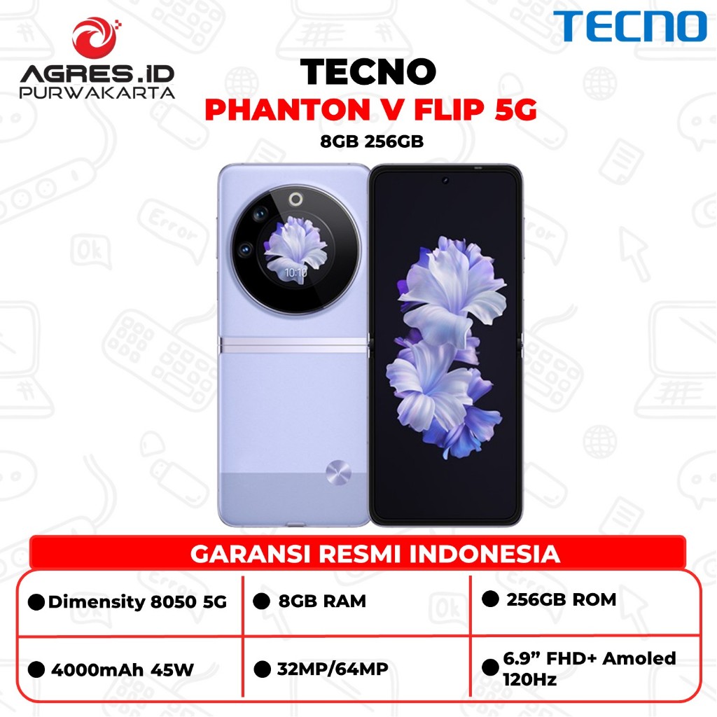 Tecno Phantom V Flip 5G Ram 8GB Rom 256GB Dimensity 8050 Amoled 120Hz Nfc 4000mAh 45Watt