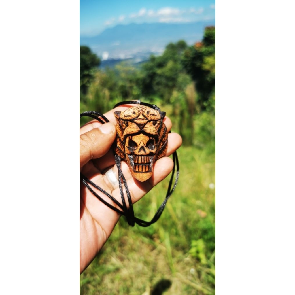 Kalung Kayu Kaboa Asli Garut Motip Macan Tengkorak