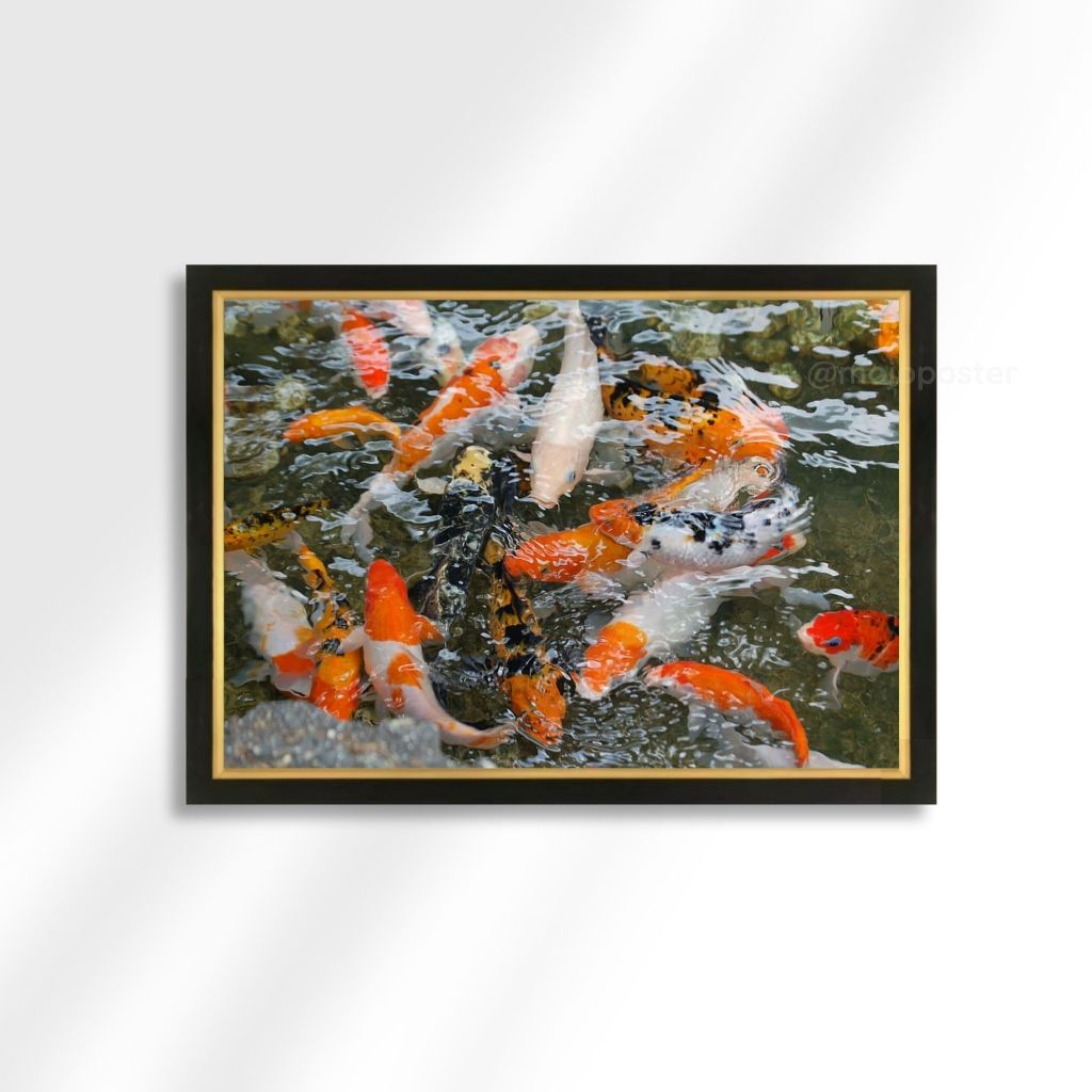 Pajangan Lukisan Cetak Ikan Koi Hiasan Dinding Bingkai Kayu