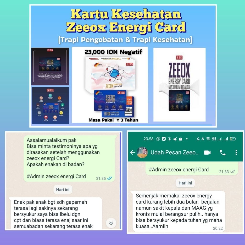 kartu Trapi Pengobatan dan Trapi kesehatan Zeeox energi Card memancarkan 23,000 Ion negatif Perkartu