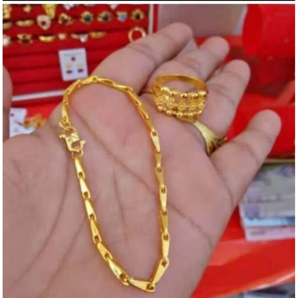 gelangan tangan padi warna lapis emas free cincin rantai motif fhsion perhiasan
