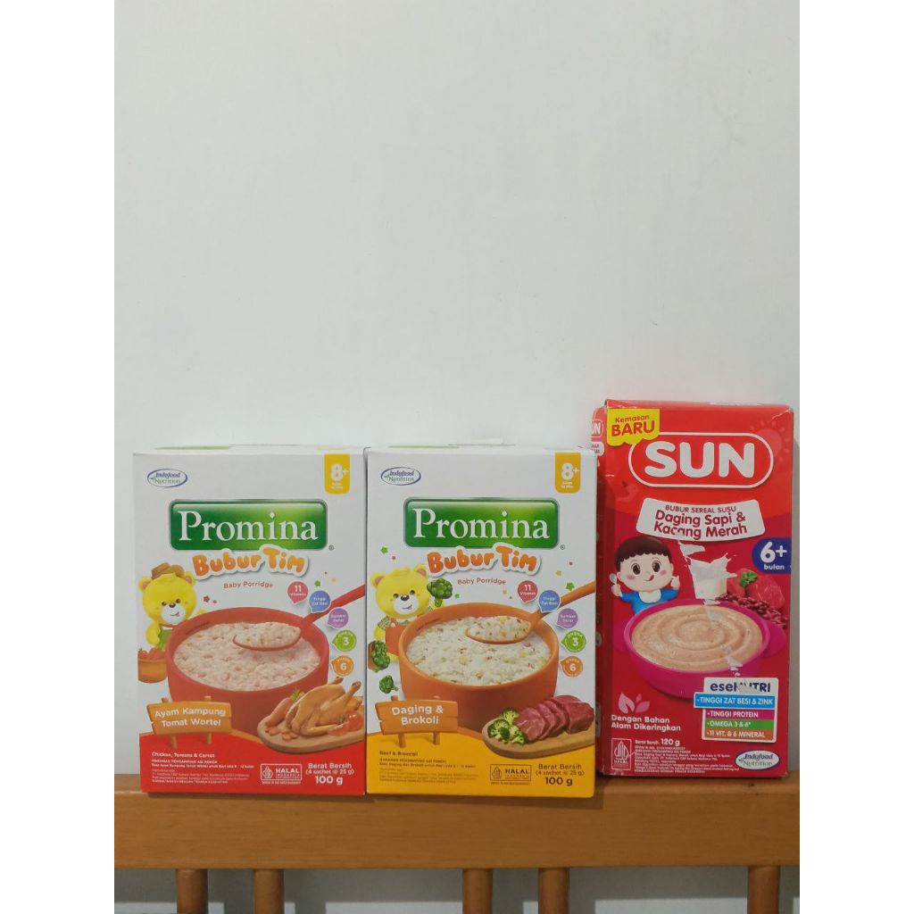 Promina Bubur Tim 100gr Rasa Ayam Kampung tomat wortel dan Daging brokoli free 1box bubur Sun Daging